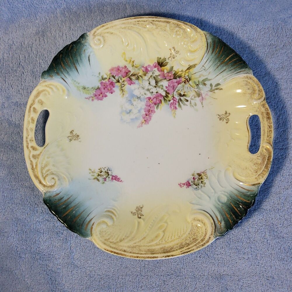 Vintage Hand Painted Porcelain Double Handled Cake Serving Plate Pink Floral